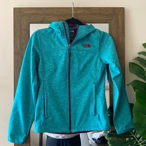 North Face Teal Softshell Jacket with Purple Interior
